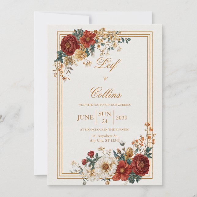 Invitation Mariage Automnal Floral Doré Bourguignon Rustique (Devant)