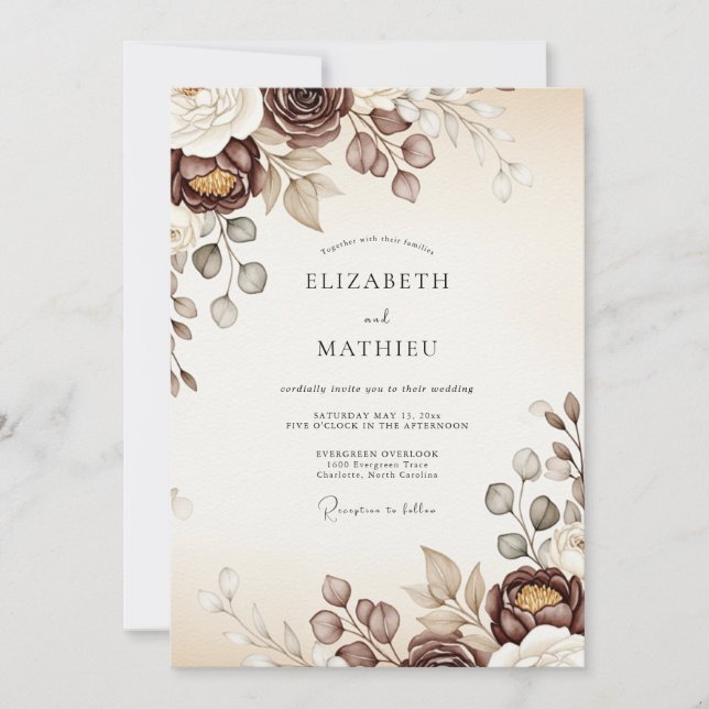 Invitation Mariage Automnal Floral Espresso (Devant)