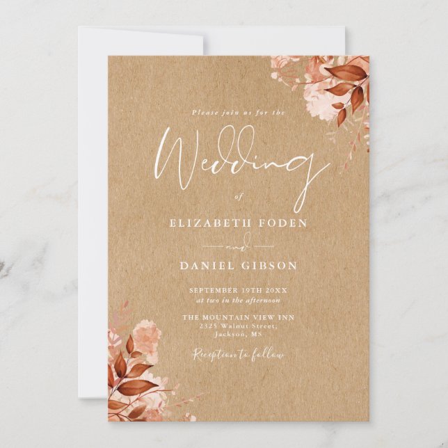 Invitation Mariage automnal Floral Kraft Rustique Code QR (Devant)