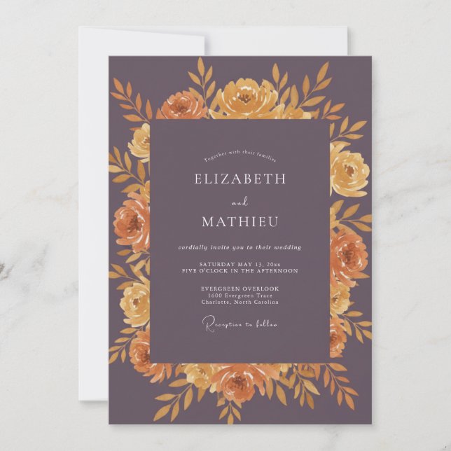 Invitation Mariage Automnal Floral Painterly Prune (Devant)