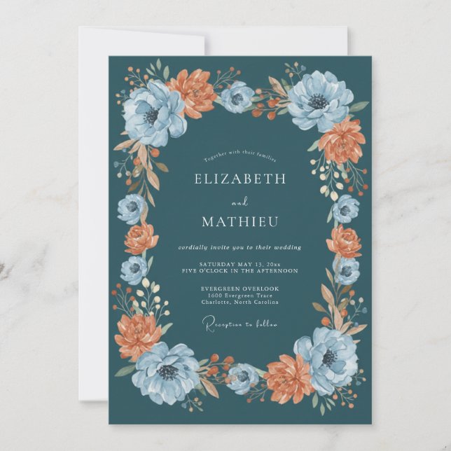 Invitation Mariage Automnal Floral Turquoise (Devant)