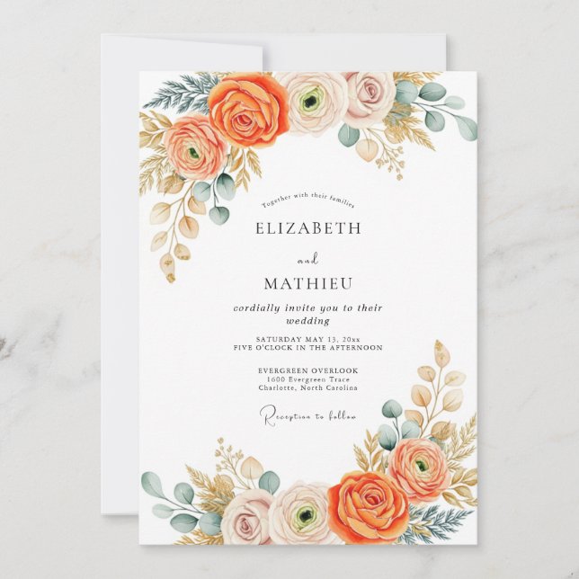 Invitation Mariage Automnal Gracieux Orange Brûlé (Devant)