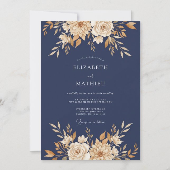 Invitation Mariage Automnal Luxueux Bleu Marine (Devant)