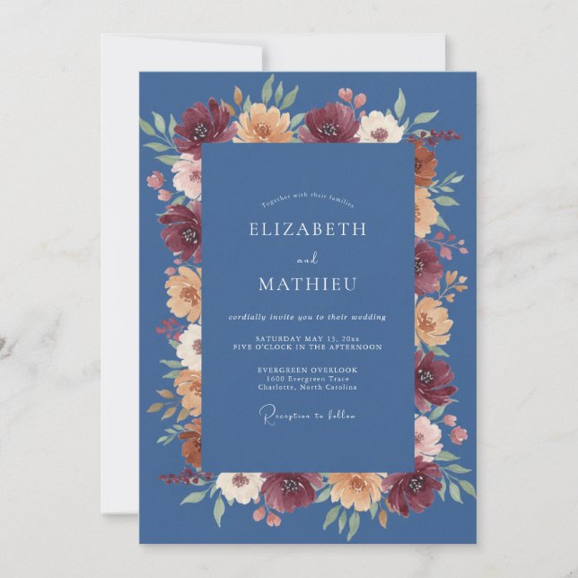 Invitation Mariage Automnal Luxuriant Bleu Ardoise (Devant)