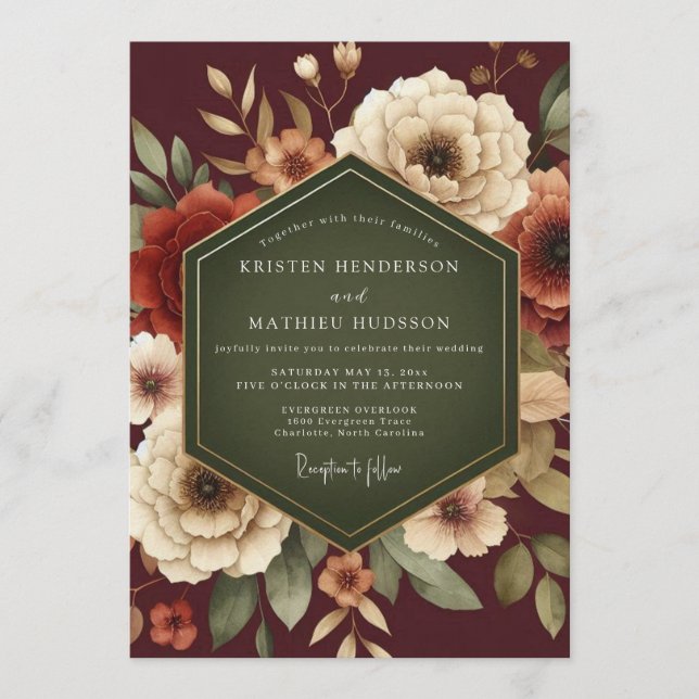 Invitation Mariage Automnal Luxuriant Bordeaux (Devant)