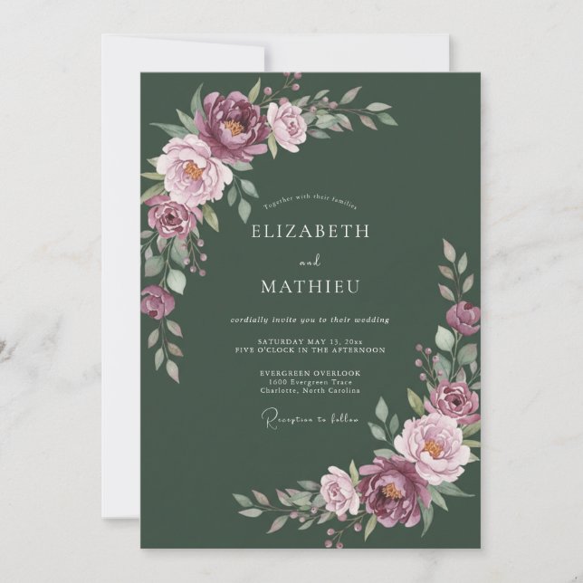 Invitation Mariage Automnal Luxuriant de Couleur Vert Foncé (Devant)