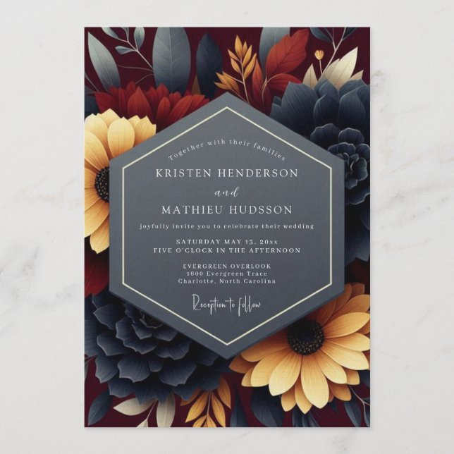 Invitation Mariage Automnal Naval Bourgogne et Sombre (Devant)