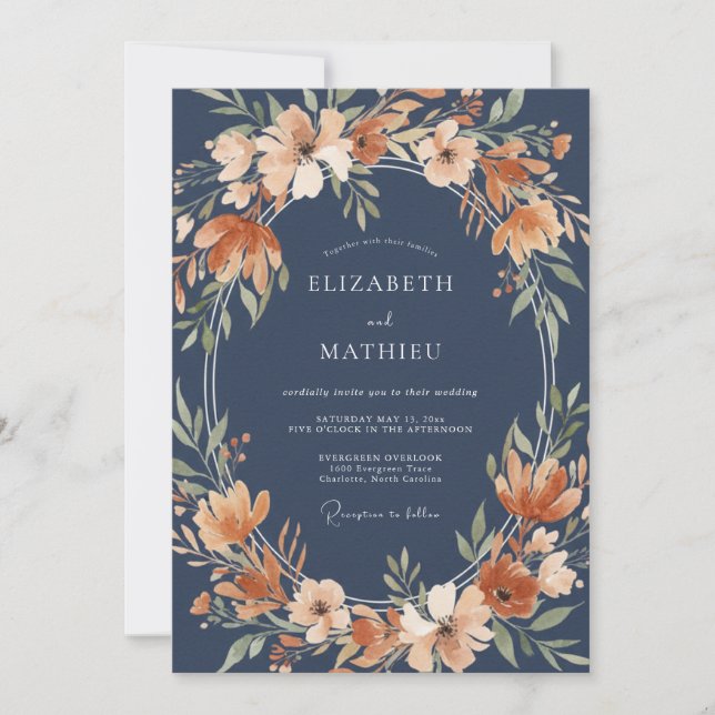 Invitation Mariage Automnal Opulent Bleu Nuit (Devant)