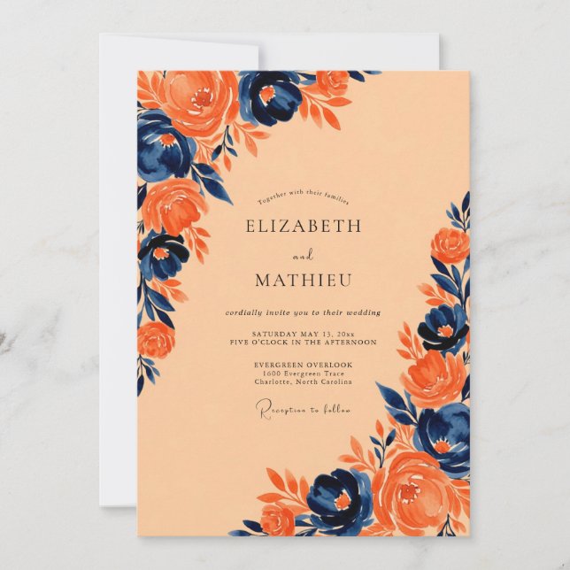 Invitation Mariage Automnal Orange Brûlé et Navy (Devant)