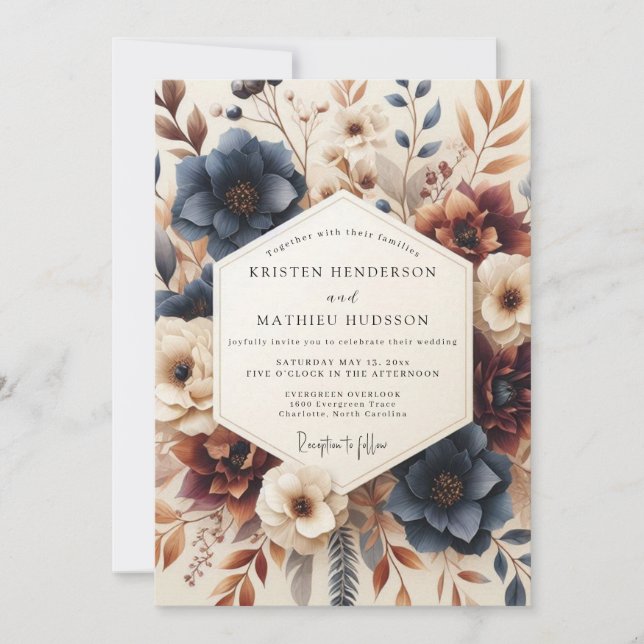 Invitation Mariage Automnal Orange Brûlé et Navy (Devant)