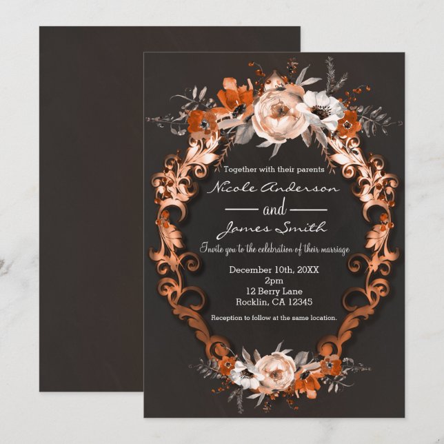 Invitation Mariage Automnal Orange Floral Fleurs Élégant (Devant / Derrière)