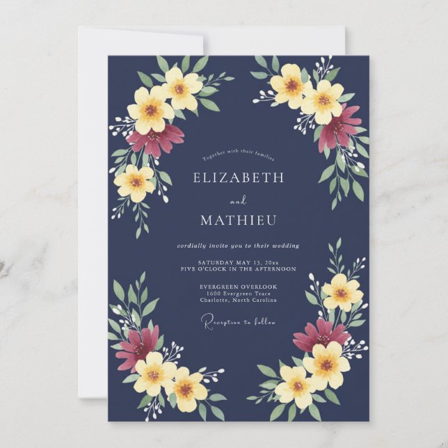 Invitation Mariage Automnal Orné Bleu Marine (Devant)
