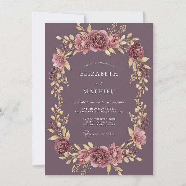Invitation Mariage Automnal Orné de Mauve Poussiéreux (Devant)
