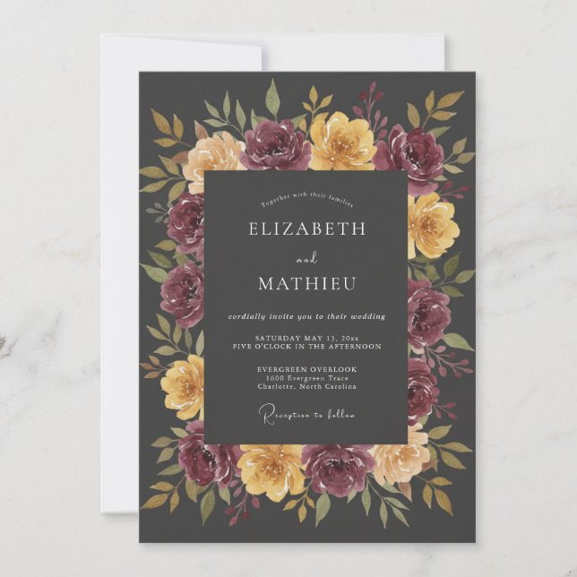 Invitation Mariage Automnal Orné Gris Charbon (Devant)