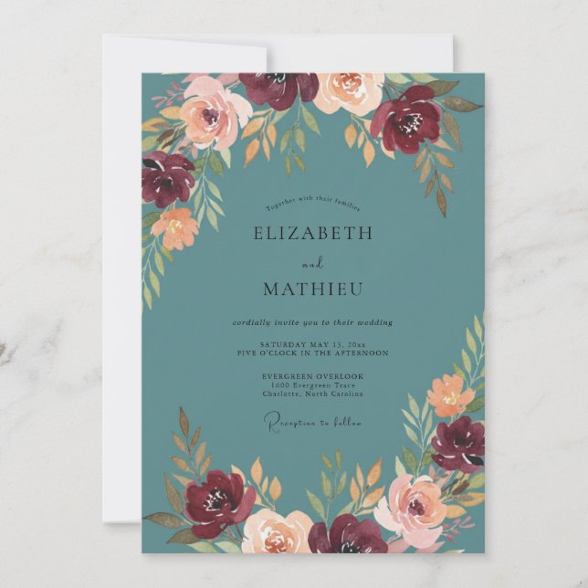 Invitation Mariage Automnal Profond Turquoise Luxuriant (Devant)