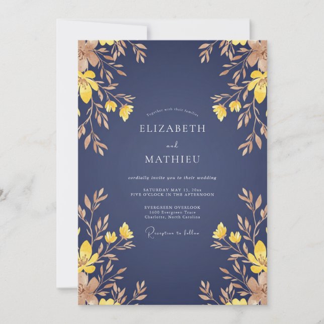 Invitation Mariage Automnal Raffiné Bleu Marine (Devant)