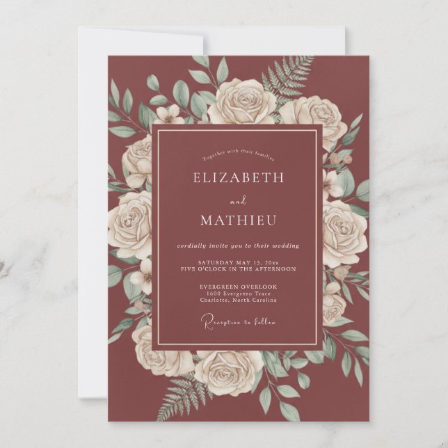 Invitation Mariage Automnal Raffiné Bordeaux (Devant)