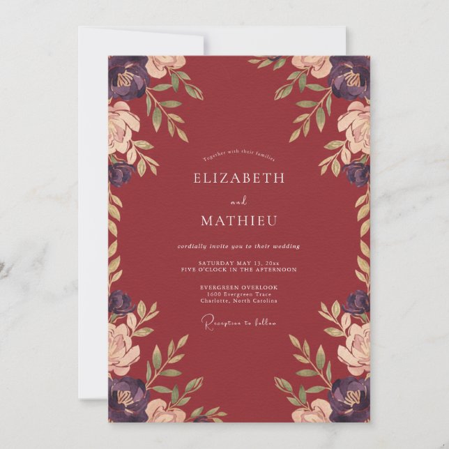 Invitation Mariage Automnal Resplendissant Bordeaux (Devant)