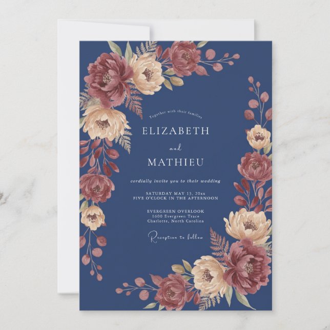 Invitation Mariage Automnal Riche en Bleu Marine (Devant)