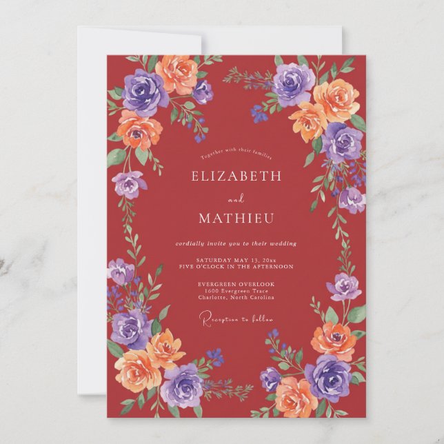 Invitation Mariage Automnal Rouge Profond Vivant (Devant)