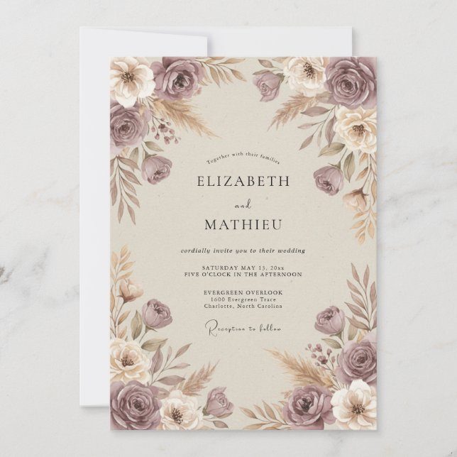 Invitation Mariage Automnal Rustique Mauve (Devant)
