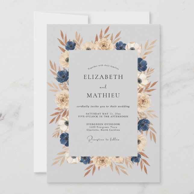 Invitation Mariage Automnal Solennel Bleu Marine (Devant)