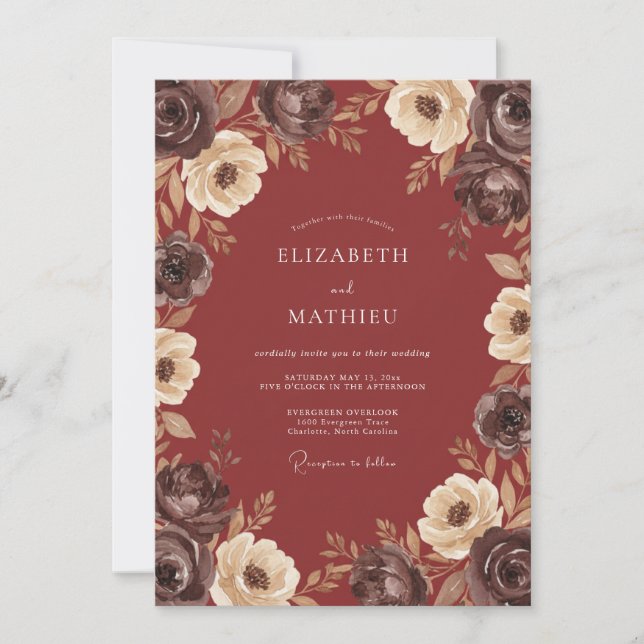 Invitation Mariage Automnal Solennel Rouge Profond (Devant)