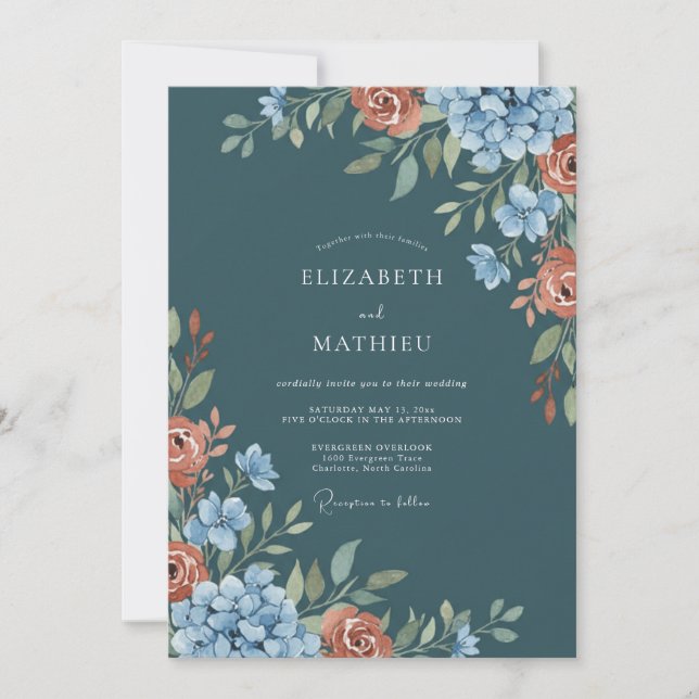 Invitation Mariage Automnal Sombre et Turquoise (Devant)