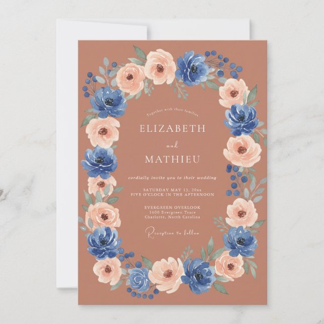Invitation Mariage Automnal Terracotta Bleu Vif (Devant)