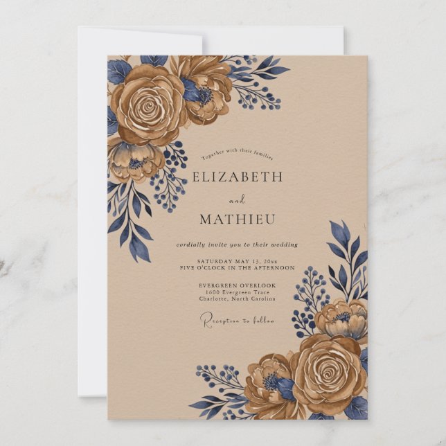 Invitation Mariage Automnal Terreux Bleu Marine (Devant)