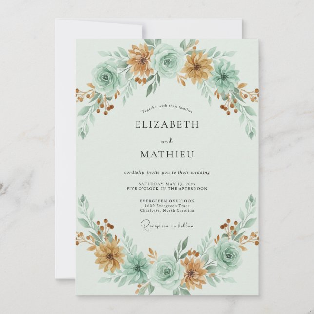 Invitation Mariage Automnal Terreux Vert Menthe (Devant)