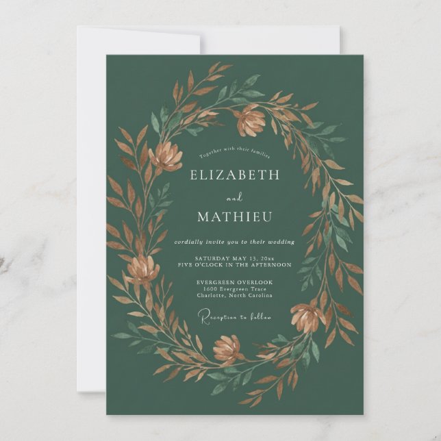 Invitation Mariage Automnal Vernissé Vert Chasseur (Devant)