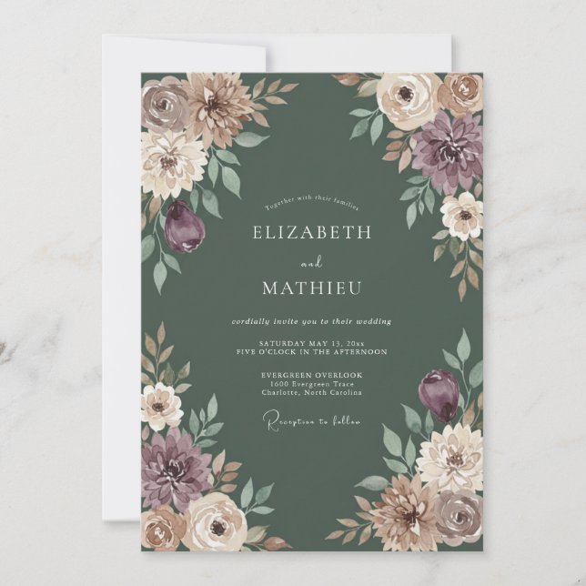 Invitation Mariage Automnal Vert Moussu et Maussade (Devant)