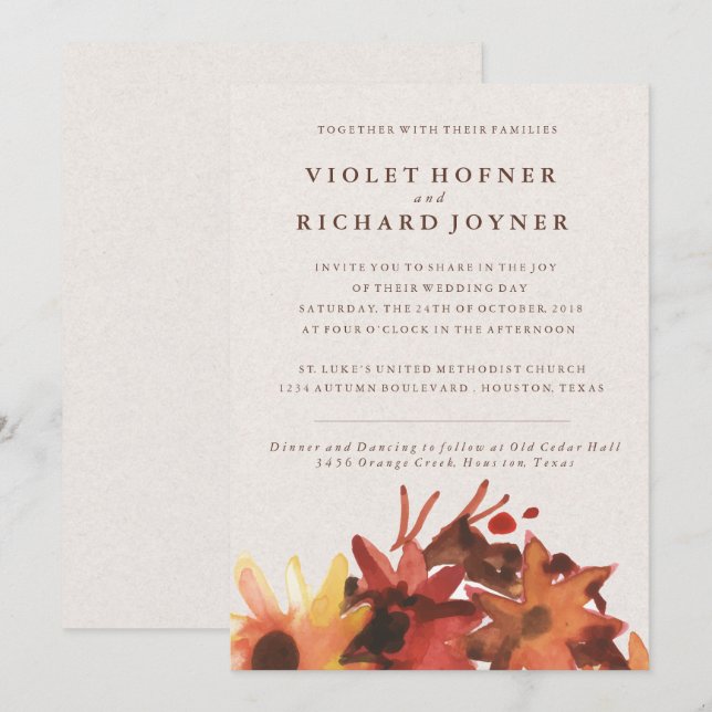 Invitation Mariage automne/automne Fleurs (Devant / Derrière)
