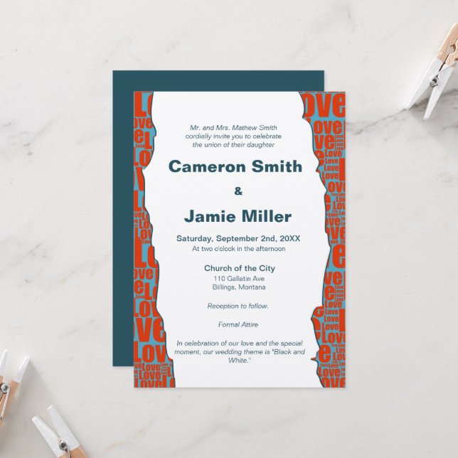 Invitation Mariage Automne Bleu Rouge Typographie Bordure (Devant/Arrière en situation)