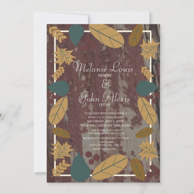 Invitation Mariage Automne Feuilles Vertes Rustique (Devant)