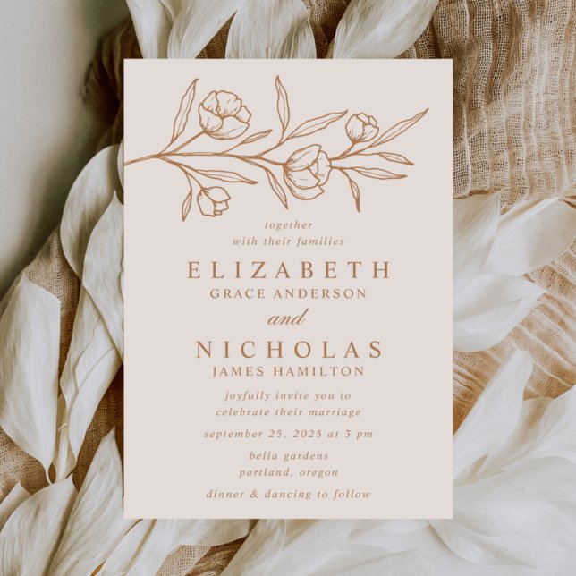 Invitation Mariage aux amandes florales esquissées et cuivre (Créateur téléchargé)