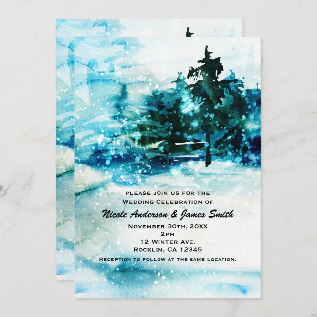 Invitation Mariage aux arbres de pin de la forêt enneigée de  (Devant / Derrière)