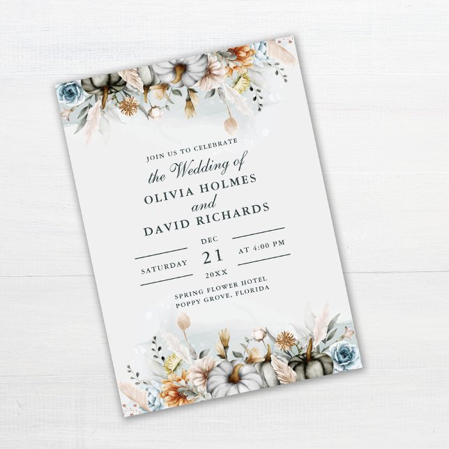 Invitation Mariage aux citrouilles dans la prairie de fleurs  (Pumpkins on Wildflower Meadow Wedding Invitation on white wooden table)