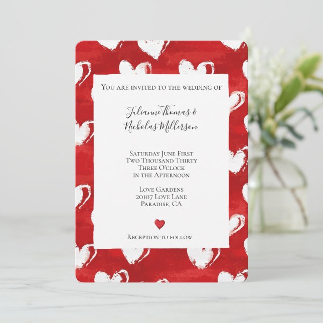 Invitation Mariage aux coeurs rouges et blancs romantiques (Debout devant)