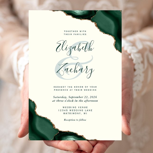 Invitation Mariage aux coins d'agate vert émeraude et ivoire (Créateur téléchargé)
