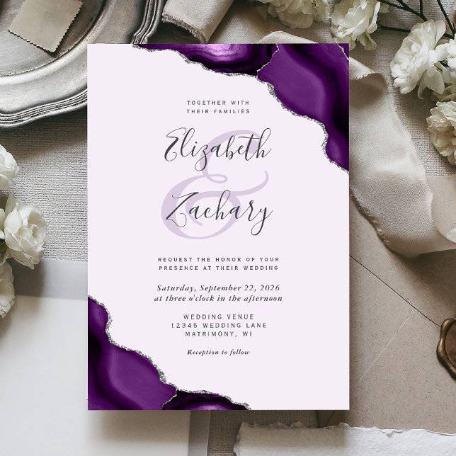 Invitation Mariage aux Coins de Pastel Violet Argent Agate (Créateur téléchargé)
