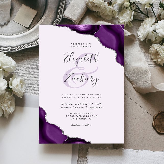 Invitation Mariage aux Coins de Pastel Violet Argent Agate (Créateur téléchargé)