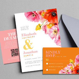 Invitation Mariage aux Coquelicots Modernes Rose Orange Jaune