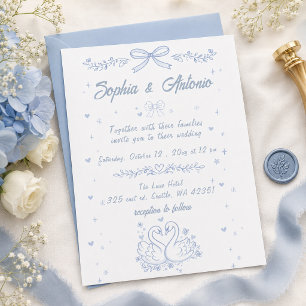 Invitation Mariage aux cygnes bleu poussiéreux dessinés à la 