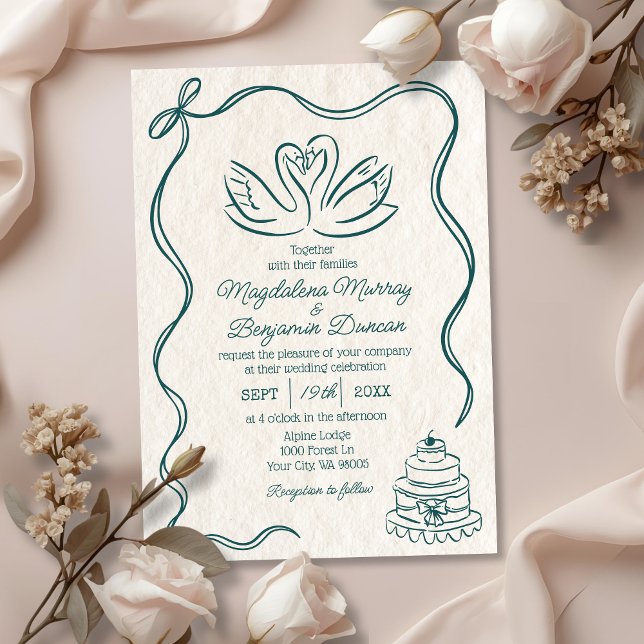 Invitation Mariage aux cygnes rétro sarcelle vert dessinés à  (Créateur téléchargé)