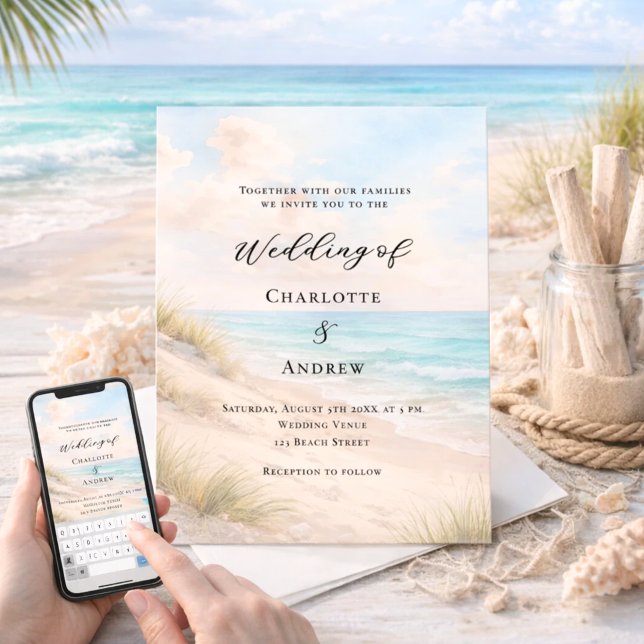 Invitation Mariage aux dunes de sable de plage à l'aquarelle (Créateur téléchargé)