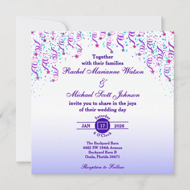 Invitation Mariage aux Étoiles et Serpentins Roses et Violets (Devant)