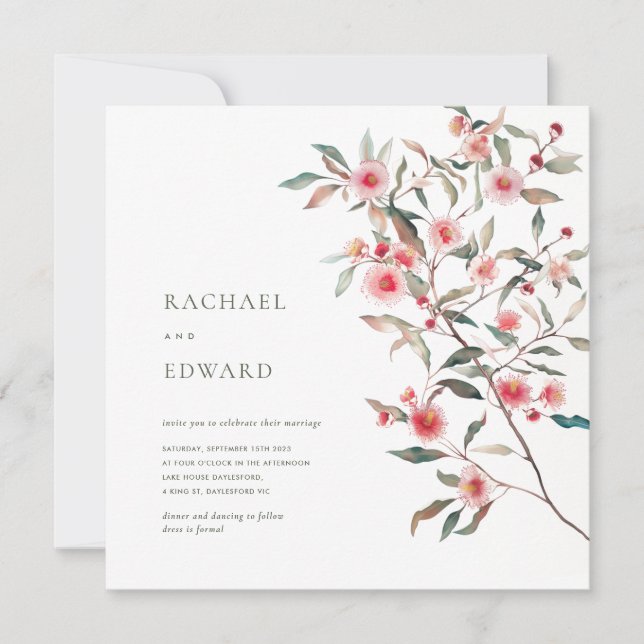 Invitation Mariage aux feuillages d'eucalyptus et fleurs rose (Devant)