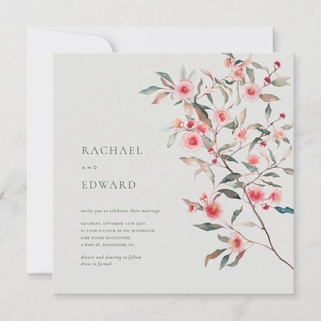 Invitation Mariage aux feuillages d'eucalyptus et fleurs rose (Devant)